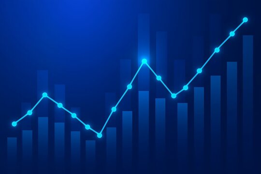 Glowing blue line graph showing upward trend against a dark blue background with subtle bar chart elements