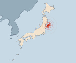 Illustrative map of Japan with earthquake locations marked. The region of Japan with the most seismically active zones prone to earthquakes and tsunamis.
