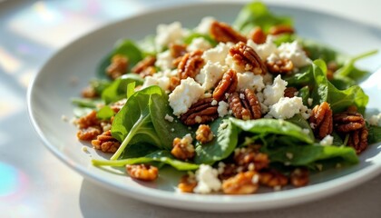 Fresh Spinach Salad with Pecans and Goat Cheese Crumbles on Plate