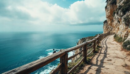 Obraz premium Scenic Cliffside View with Wooden Railing Under a Blue Sky