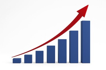 Upward trending bar graph with red arrow indicating growth and success