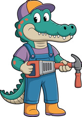 Cartoon alligator wearing purple cap and shirt, blue overalls, orange shoes, holding hammer, friendly smiling character illustration
