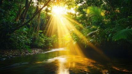 Obraz premium Sunlight streams through lush foliage in a vibrant jungle oasis creating a serene and inviting atmosphere