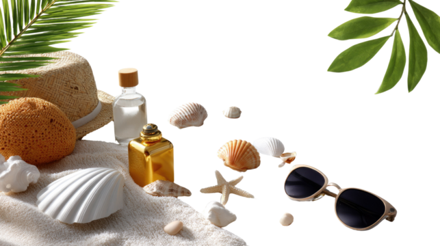 Coastal Escape: A meticulously arranged collection of beach-themed elements – a straw hat, sunglasses, shells, and skincare products – evokes a sense of tranquil relaxation under the sun.