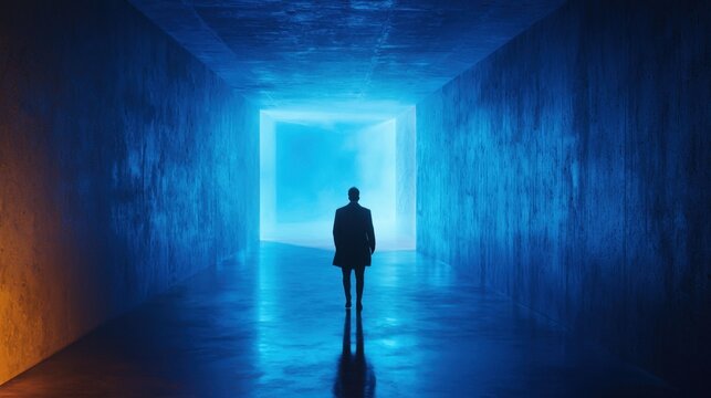 Maze explorer ventures through a futuristic corridor illuminated by bright blue light in a captivating and mysterious environment