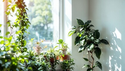 Fototapeta premium Bright and Lush Plants in a Clean Corner of a Sunlit Room