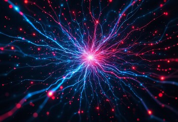 Glowing Neural Network Threads in Dark Space with Electric Blue and Crimson