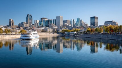 Obraz premium City skyline reflected in a calm river with a boat passing by. Urban architecture and water mirror. Travel and tourism concept.