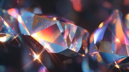 glowing prismatic reflections on abstract crystal surface, gentle sparkles