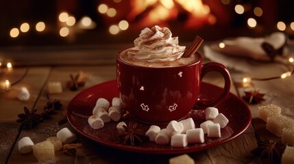 Fototapeta premium Warm mug of hot chocolate topped with whipped cream and spices near a cozy fireplace during winter evenings
