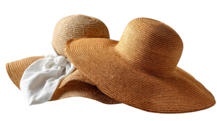 Straw Hat Duo: A pair of elegant straw hats rests delicately, showcasing a sense of timeless fashion and classic beauty, evoking sun-drenched days of leisure and relaxation.
