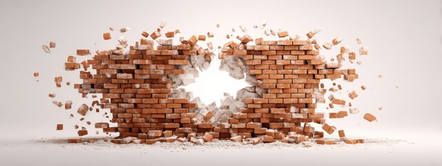 A brick wall is being broken apart
