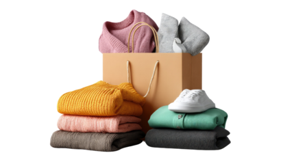 Fashionable Finds: A collection of vibrantly colored clothing items, including sweaters and accessories, artfully arranged with a paper shopping bag, evoke the excitement of a shopping spree.