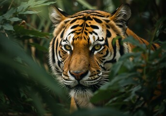 Obraz premium Majestic Tiger Hidden in Lush Green Foliage