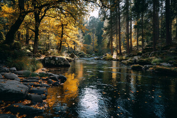 Obraz premium A fall river flowing through a forest with golden lighting and peaceful reflections.