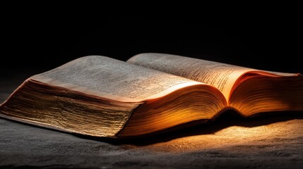 Illuminated old open book on a dark surface. Ancient scriptures and wisdom concept. Religious text or historical document.