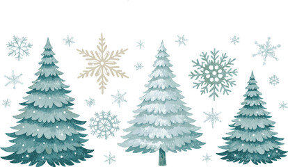 Three watercolor christmas trees with scattered snowflakes in blue green and beige tones on a white background