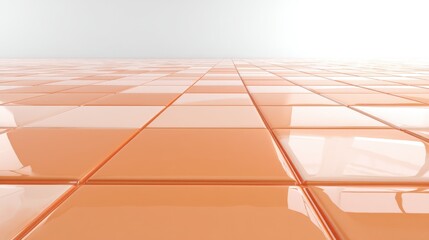 Abstract orange tiled floor stretching into the distance with a bright white background for spatial design and backdrop use.