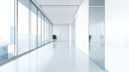 A modern, minimalist office hallway with glass walls and a white floor.