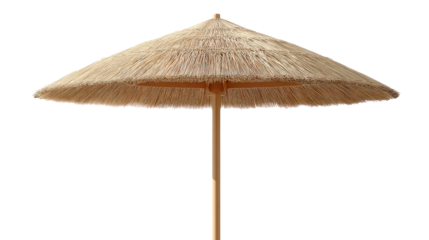 Tropical Oasis: An overhead view captures a serene, solitary, thatched umbrella against a bright daylight backdrop, inviting you to bask in the tranquil atmosphere and soak in the relaxing shades.