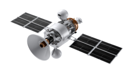 Orbiting Marvel: This image showcases a high-tech satellite with solar panels, orbiting and observing from space.