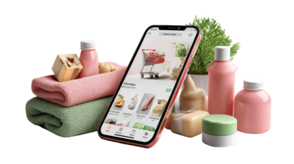 Online Shopping Lifestyle: An elegant, sleek smartphone showcases a vibrant online store interface, artfully presented amongst a curated selection of health.