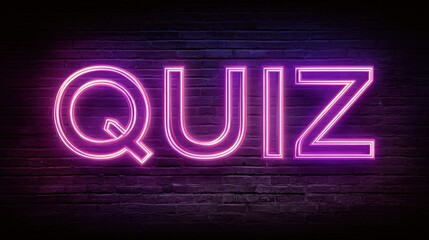 Quiz sign. Pink neon glowing letters on dark brick wall for game show, trivia night, and entertainment concept.