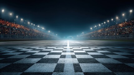 Empty night race track with a checkered flag finish line and bright stadium lights, for motorsport and competition concept.