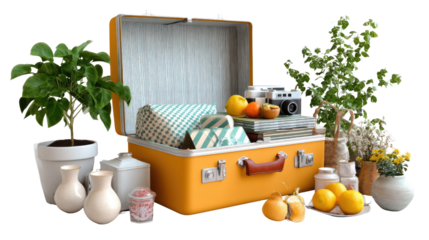 Vintage Suitcase Display: An open vintage suitcase overflows with an eclectic collection of items, from potted plants and vibrant fruits to classic books and a vintage camera.