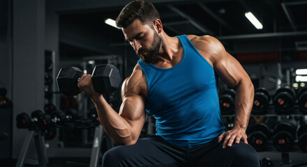 Fototapeta premium Muscular Man Doing Bicep Curls with Dumbbell in Gym - Fitness Motivation