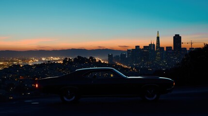 American retro black car. Classic vintage luxury auto on sunset night city landscape