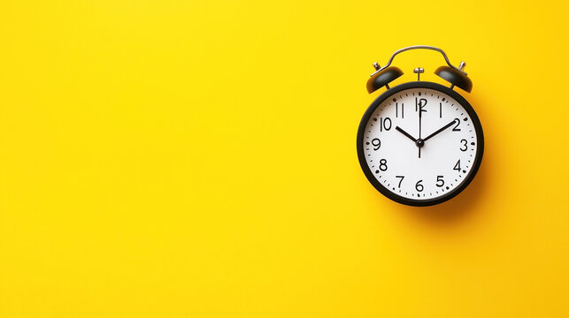 A black alarm clock with a white face and black numbers and hands on a yellow background.