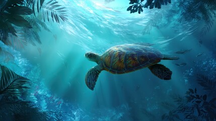 Obraz premium Sea turtle swimming underwater with light rays and tropical plants. Ocean wildlife and nature conservation concept for aquatic environments.