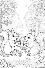 Two Squirrels Facing Each Other Holding Nuts Cartoon Line Art Woodland Background