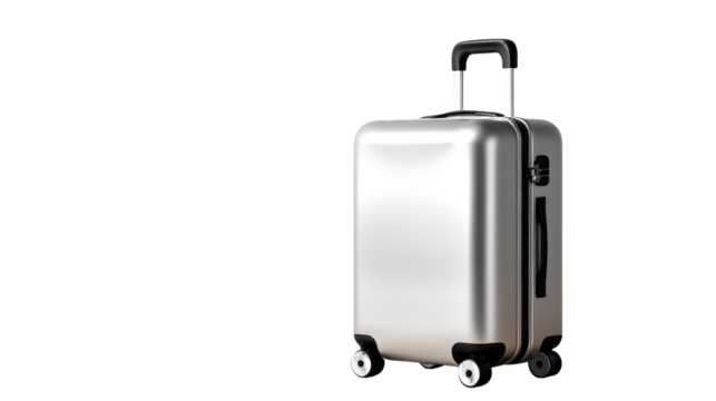 Silver Suitcase: This photo shows a silver suitcase, its wheels ready for journeys. Ready for your next trip.