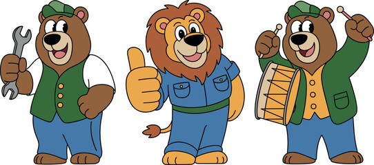Cartoon bear and lion workers, animal characters with wrench, drum, thumbs-up pose, fun teamwork illustration, kids educational concept, design