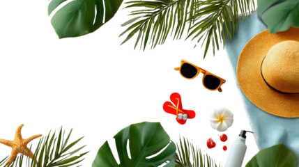 Tropical Summer Essentials: A vibrant collection of summer essentials, including a stylish hat, trendy sunglasses, refreshing sunscreen, and other vacation must-haves.