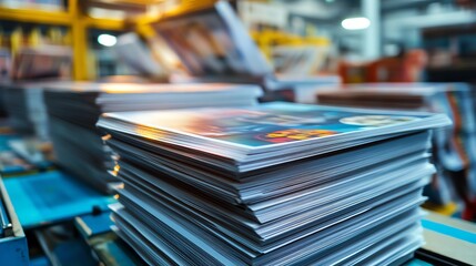 Stacks of freshly printed magazines ready for binding and trimming in a modern print facility with ultra HD textures and vibrant colors.