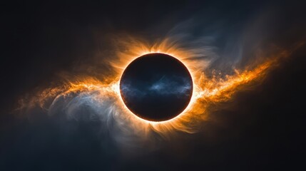 Spectacular solar eclipse captured with dramatic background details showcasing fiery corona and darkened sun