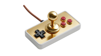 Golden Arcade Joystick: A meticulously captured close-up of a classic arcade joystick, its metallic gold finish exudes a retro vibe. The control is complete with four buttons and an 8-way joystick