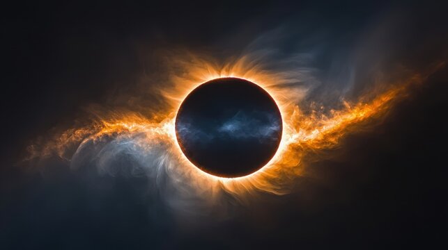 Spectacular solar eclipse captured with dramatic background details showcasing fiery corona and darkened sun