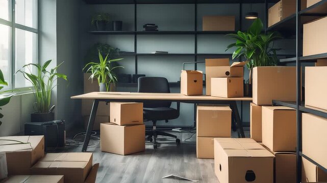 Cardboard boxes scattered around modern office interior with desk, chair, plants and shelves in natural daylight during relocation process

