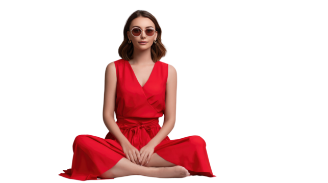 Elegance in Red: A serene young woman, radiating poise and confidence, reclines gracefully. Adorned in a striking red jumpsuit, she wears stylish glasses.