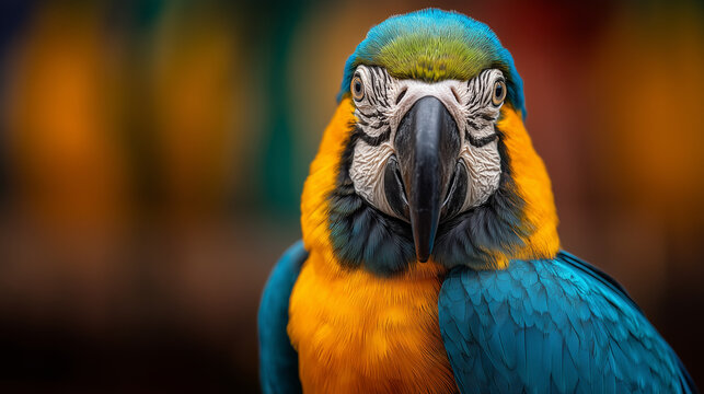 A blue and gold maccaw / macaw takes an elegant portrait photo for you to enjoy.