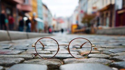 A pair of vintage round spectacles lying on a cobblestone street. Lost eyesight concept for optical shop advertisement.