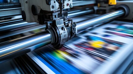 Fototapeta premium An ultra HD action shot of a lamination machine applying a glossy finish to printed materials, showcasing advanced technology in use.