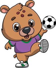 Cartoon bear playing soccer, brown fur, large eyes, black nose, red forehead spots, purple shirt with green trim, white sneakers, cheerful pose