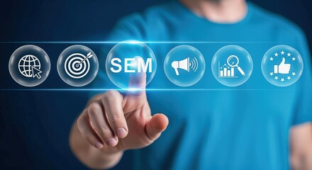 Search Engine Marketing Concept: Man Touching SEM Icon on Digital Display for Online Business Growth