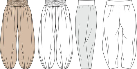 Loose fit casual harem pants fashion flat sketch, front and back view, technical CAD drawing, vector illustration, elastic waistband design