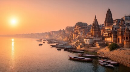 Fototapeta premium Sunrise view of Varanasi ghats along the Ganges river with boats and temples during golden hour, travel to India.